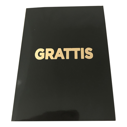 Kortti Grattis Pieni Musta Kultatekstillä - 9,7 cm x 13,3 cm